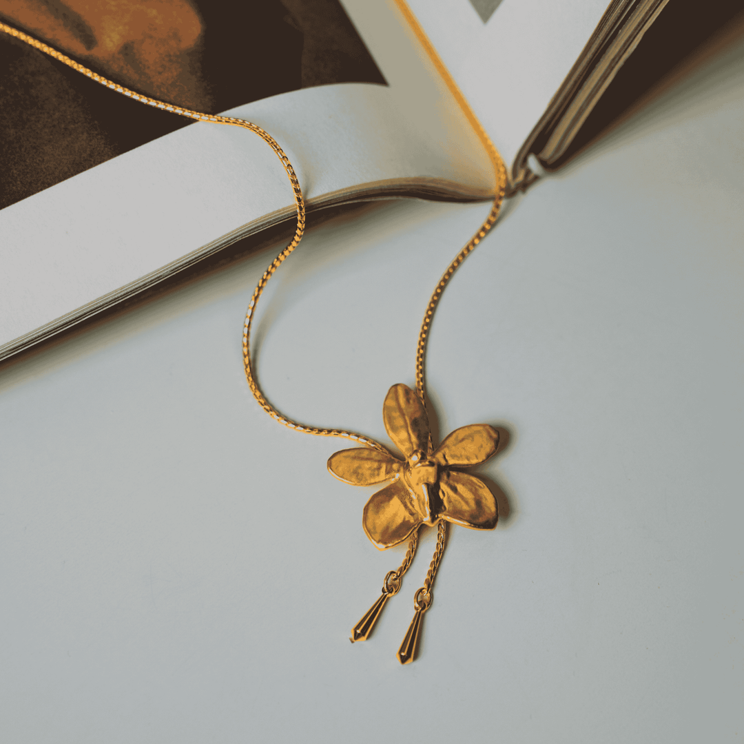 RISIS Aeridovanda Vieng Ping Orchid Long Slider Necklace in 24K Gold