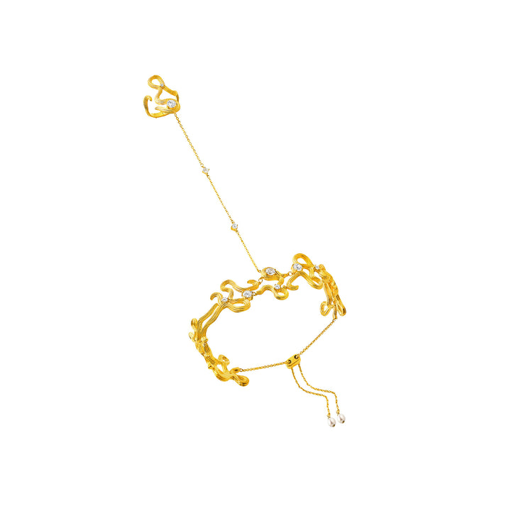 RISIS Aqua Enchanté Hand Chain, 925 Sterling Silver encapsulated in 18K Gold with White Topaz and Freshwater Pearls