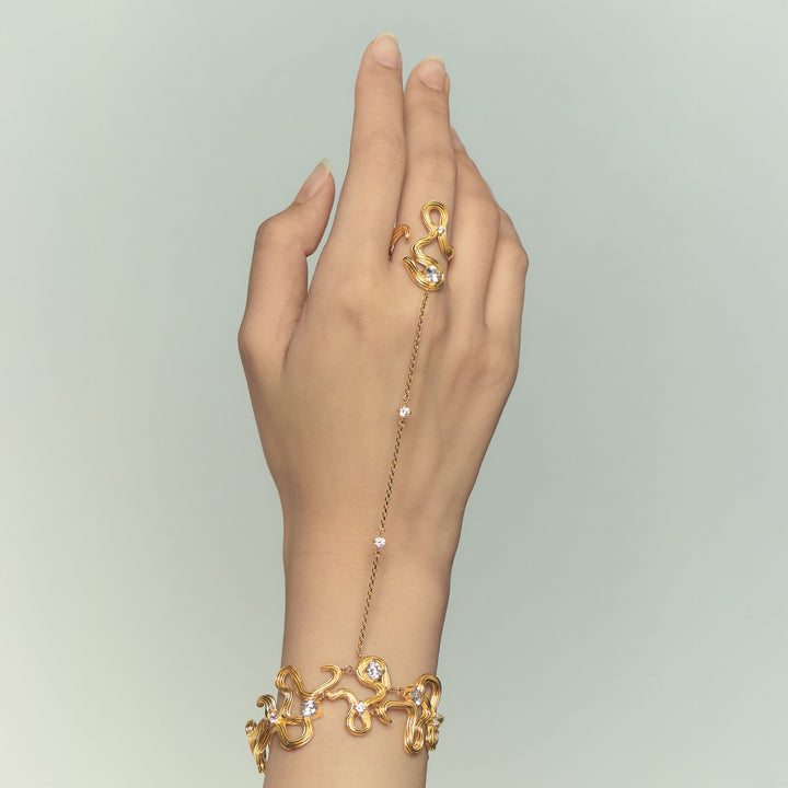 RISIS Aqua Enchanté Hand Chain, 925 Sterling Silver encapsulated in 18K Gold with White Topaz and Freshwater Pearls