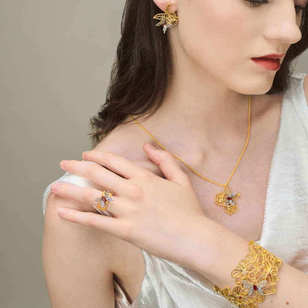 RISIS Bridal (Si Dian Jin) Scarlet Veil  - Jewellery Set (Earrings, Necklace, Ring and Bracelet) - encapsulated in 18K Gold and Rhodium with Red Garnet