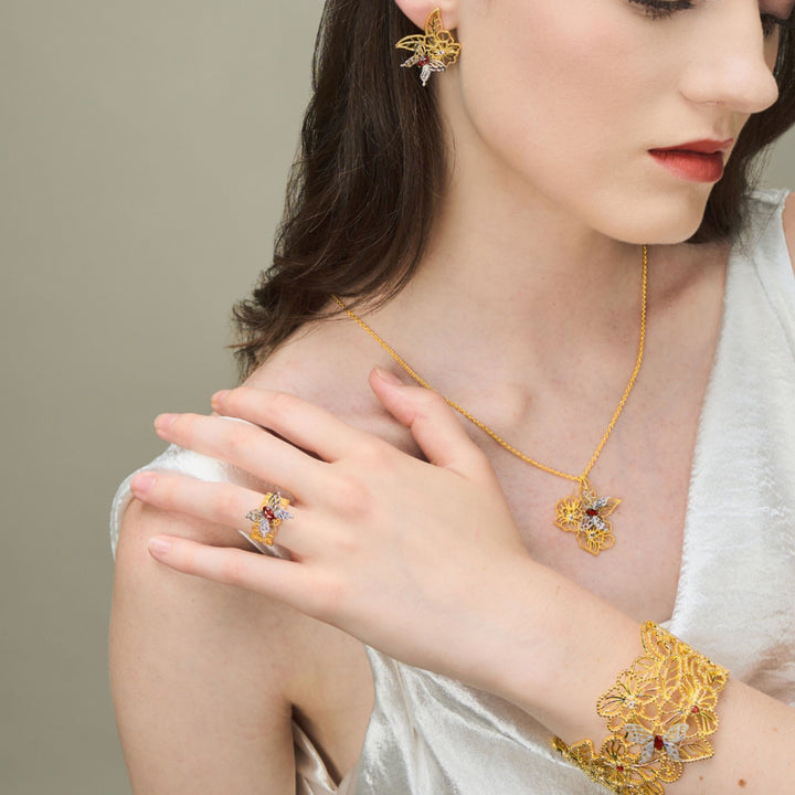 RISIS Bridal (Si Dian Jin) Scarlet Veil  - Jewellery Set (Earrings, Necklace, Ring and Bracelet) - encapsulated in 18K Gold and Rhodium with Red Garnet