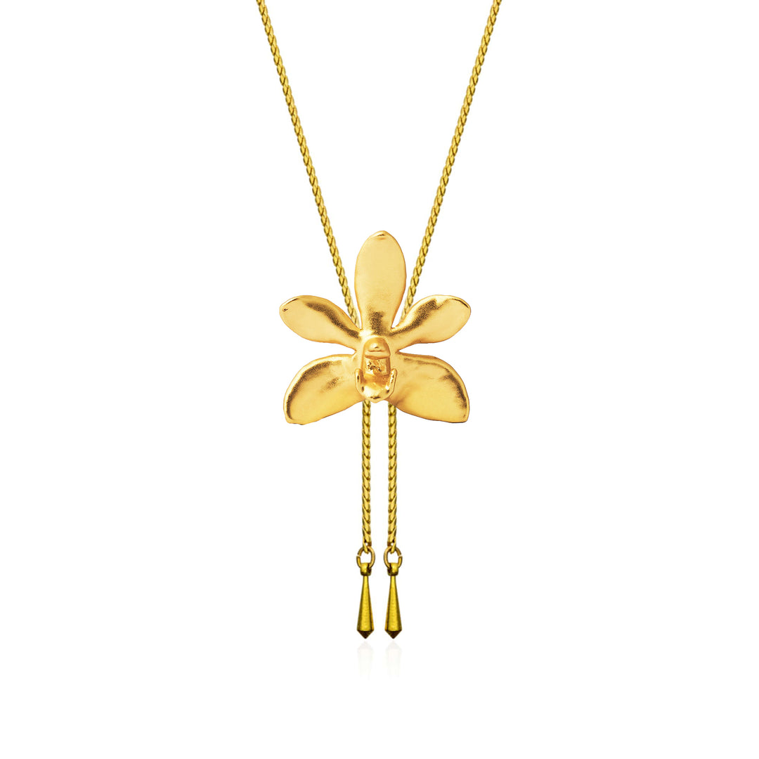 RISIS Doritaenopsis Summer Red Orchid Long Slider Necklace in 24K Gold