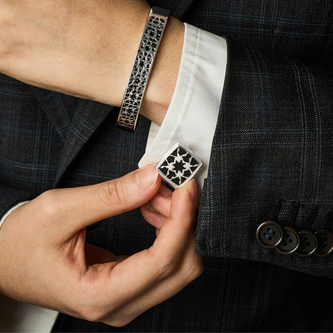 RISIS Peranakan Orchid Cufflinks and Bracelets, encapsulated in Rhodium and Black Enamel