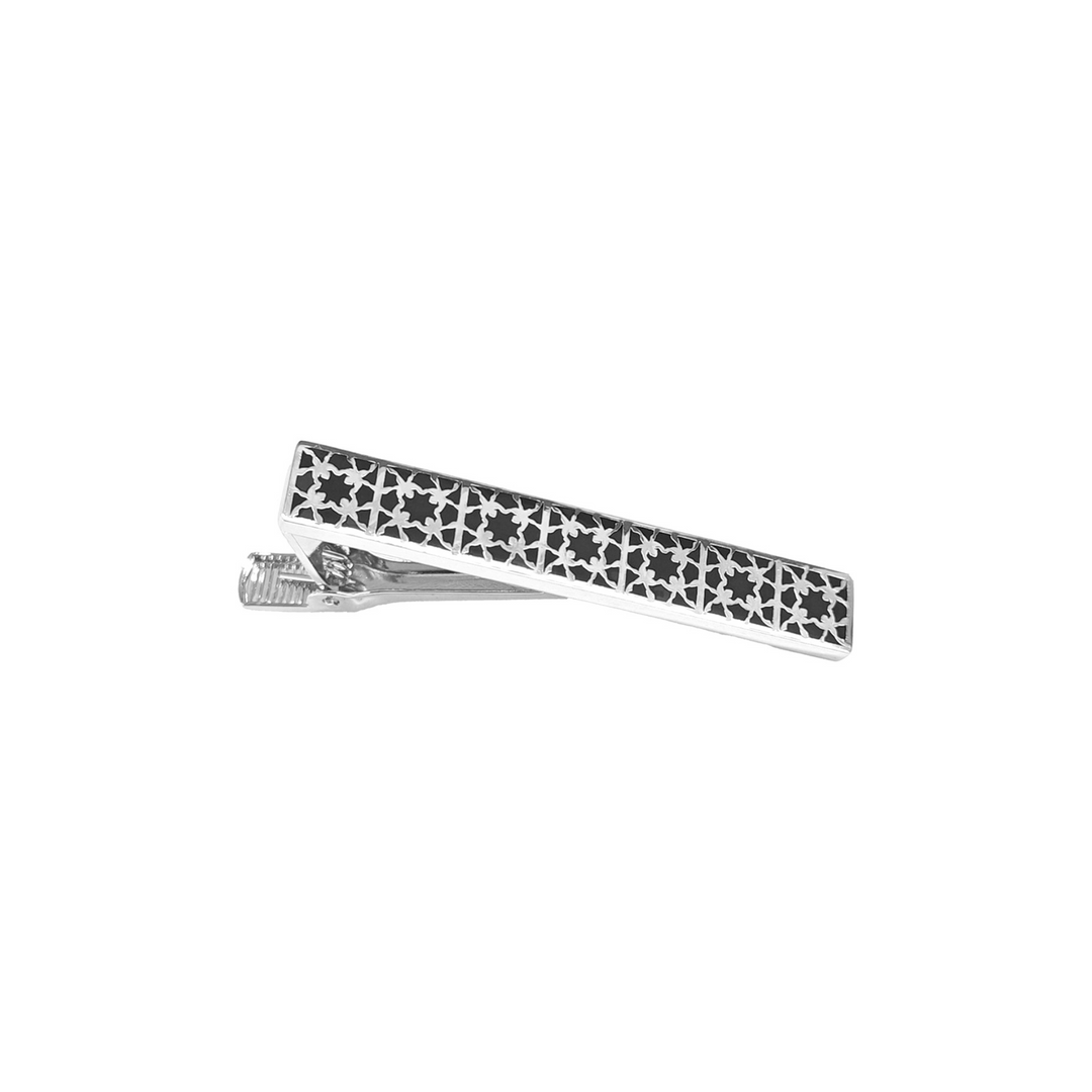 RISIS Peranakan Orchid Tie Clip, encapsulated in Rhodium and Black Enamel