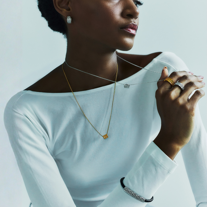 RISIS Peranakan Relic Earrings, Necklaces, Bracelets and Rings, 925 Sterling Silver encapsulated in 24K Gold and Rhodium