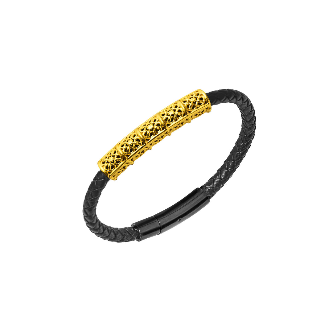 RISIS Peranakan Relic Straits Petal Black Leather Bracelet, 925 Sterling Silver encapsulated in Rhodium