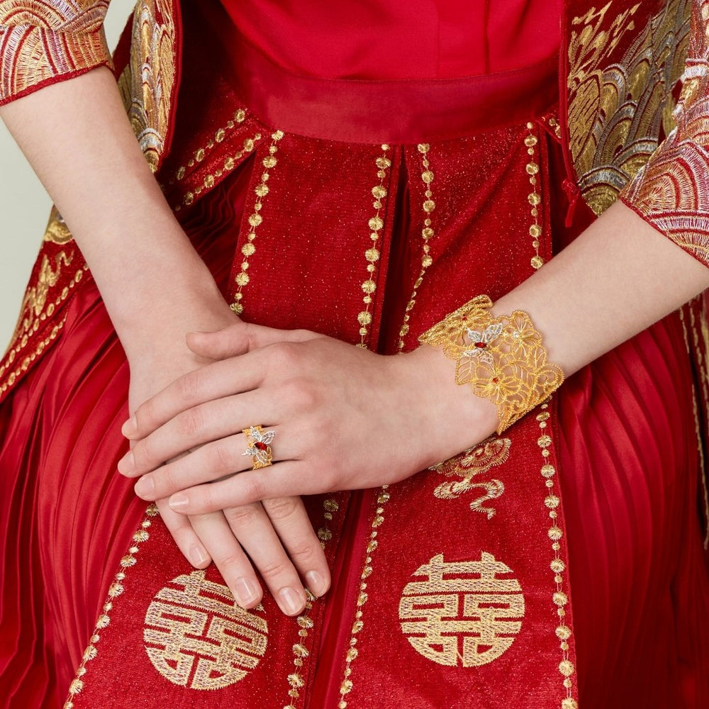 RISIS Scarlet Veil Bangle and Ring, encapsulated in 18K Gold and Rhodium with White Topaz and Red Garnet