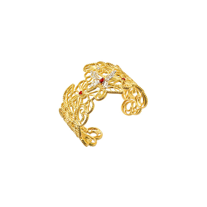 RISIS Scarlet Veil Bangle, encapsulated in 18K Gold and Rhodium with White Topaz and Red Garnet