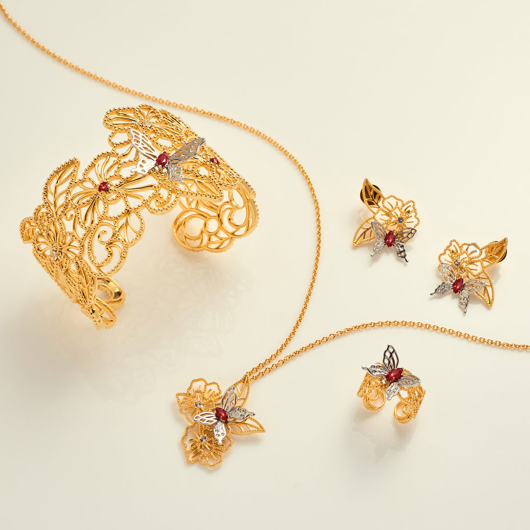RISIS Scarlet Veil Jewellery Set (Necklace, Earrings, Bangle & Ring), encapsulated in 18K Gold and Rhodium with White Topaz and Red Garnet