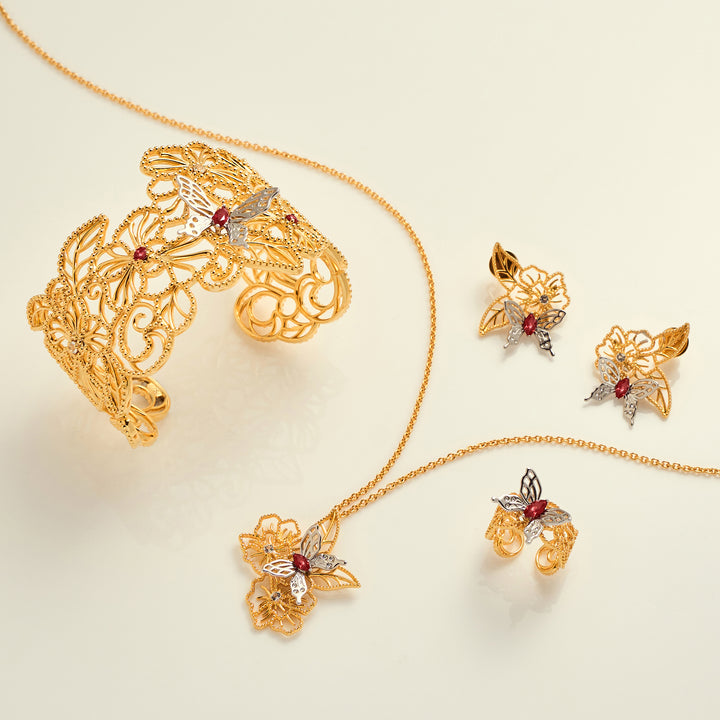 RISIS Scarlet Veil Jewellery Set (Necklace, Earrings, Bangle & Ring), encapsulated in 18K Gold and Rhodium with White Topaz and Red Garnet
