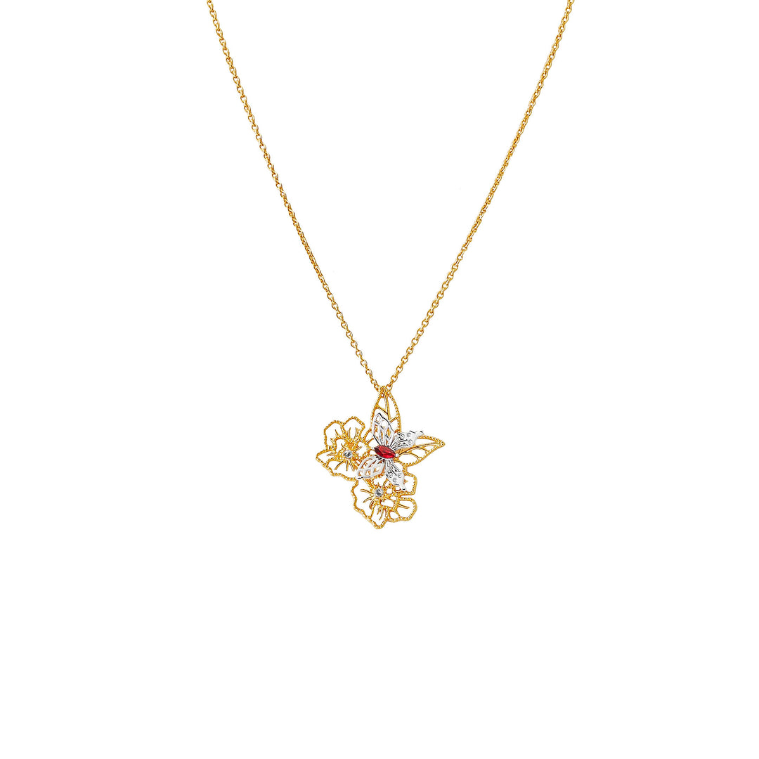 RISIS Scarlet Veil Necklace, encapsulated in 18K Gold and Rhodium with White Topaz and Red Garnet