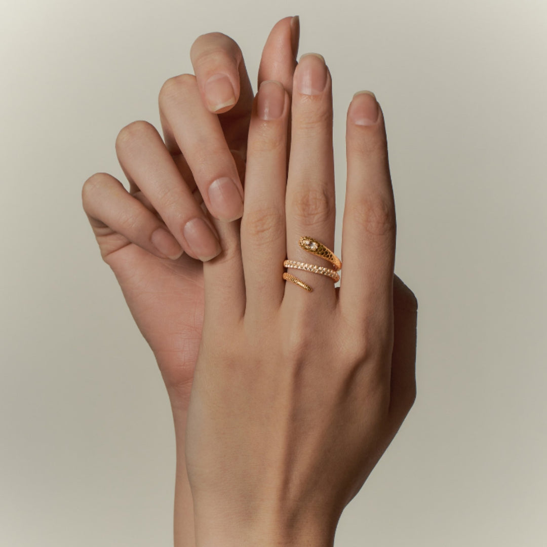 RISIS Serpentine Enigma Ring, 925 Sterling Silver encapsulated in 18K Gold with White Topaz