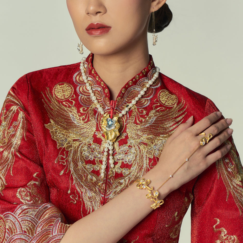 RISIS Aqua Enchanté (Si Dian Jin) Bridal Jewellery Set (Earrings, Necklace & Bracelet), 925 Sterling Silver encapsulated in 18K Gold with White Topaz and Freshwater Pearls