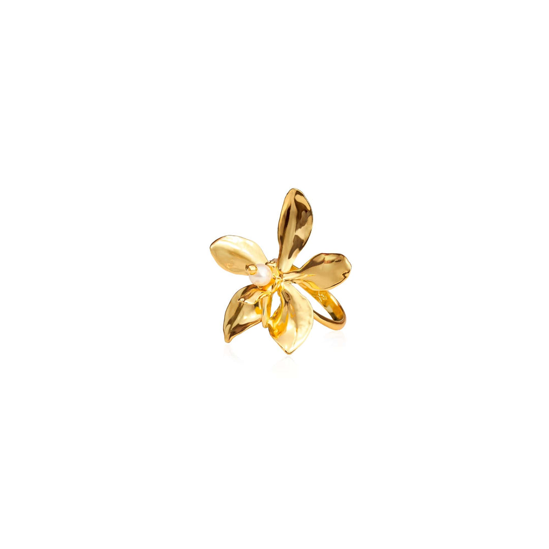 Risis Aeridovanda Blooms Ring - This is a shiny gold-plated flower-shaped ornament featuring polished, smooth petals with soft curves and a reflective surface.