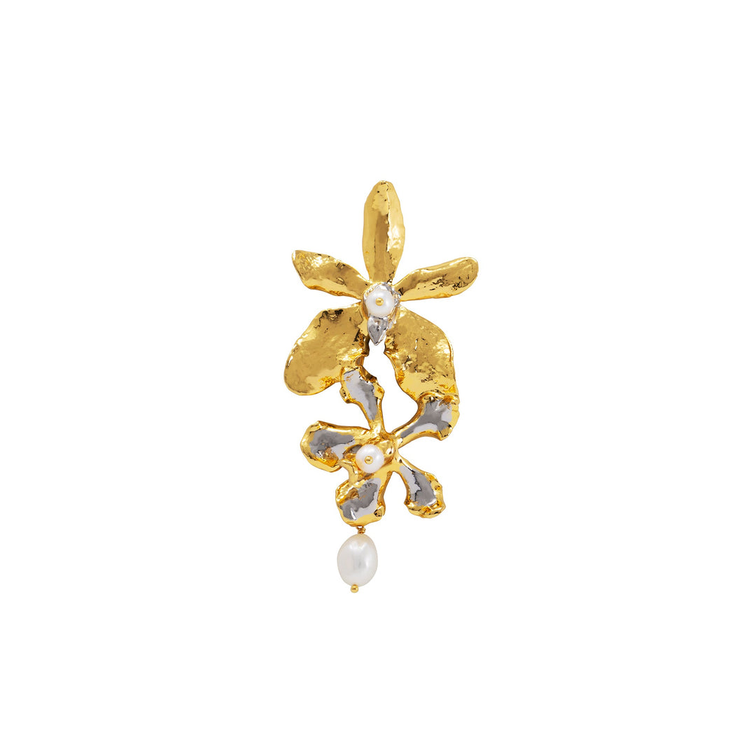 RISIS Aranthera Orchid and Wee Kim Lian Orchid Brooch / Pendant encapsulated in 24K Swiss Gold and Palladium with Baroque Freshwater Pearl