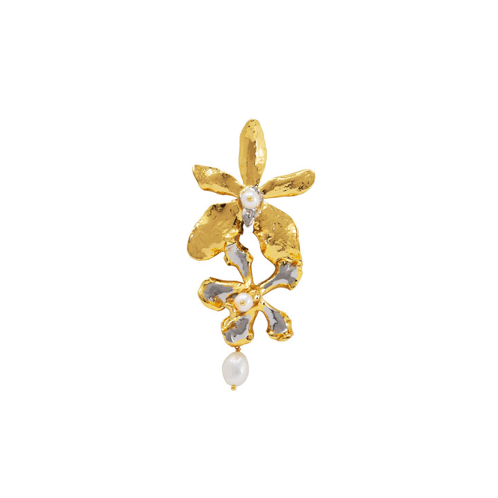 RISIS Aranthera Orchid and Wee Kim Lian Orchid Brooch / Pendant encapsulated in 24K Swiss Gold and Palladium with Baroque Freshwater Pearl