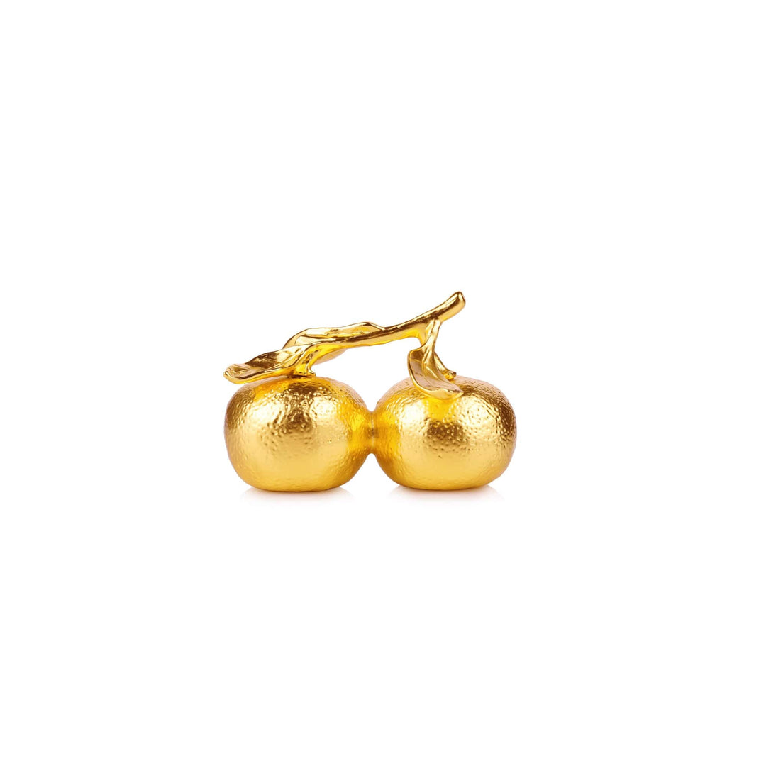Risis Auspicious Golden Tangerines - A golden-hued, cherry-shaped pair of earrings with a textured surface and a reflective shine, connected by a slender, curved stem.