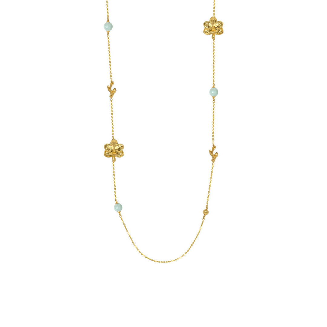 RISIS Blossom Long Necklace, Natural Ascocenda Orchids Encapsulated in 24K Swiss Gold with Type A Burmese Jadeite