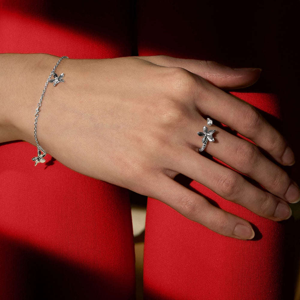 RISIS Dainty Vanda Bracelet and Ring, 925 Sterling Silver encapsulated in 18K Gold with White Topaz