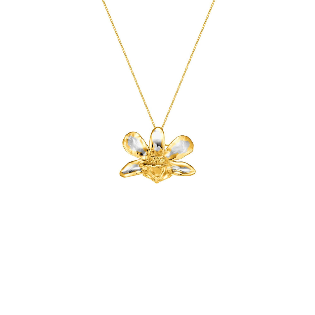 Risis Dendrobium Thong Chai Orchid Necklace (PG) - A golden necklace with a detailed bee pendant; the wings are translucent with yellowish hues, against a stark white backdrop.