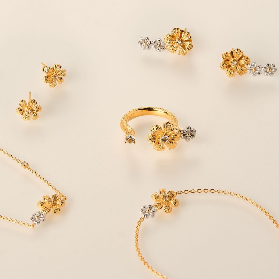 RISIS Enchanted Jasmine Jewelry Set (Necklace, Earrings, Bracelet and Ring), 925 Silver encapsulated in 24K Swiss Gold and Palladium Silver with White Topaz