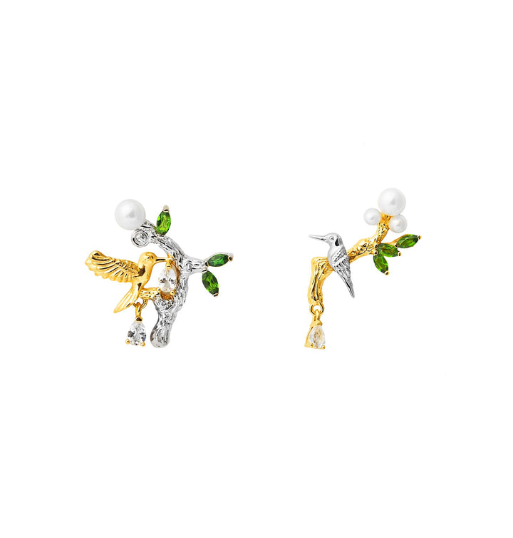 RISIS Enchanted Mangrovia Bird Earrings, 925 Sterling Silver encapsulated in 24K Swiss Gold and Palladium with Freshwater Pearls, Chrome Diopside and White Topaz