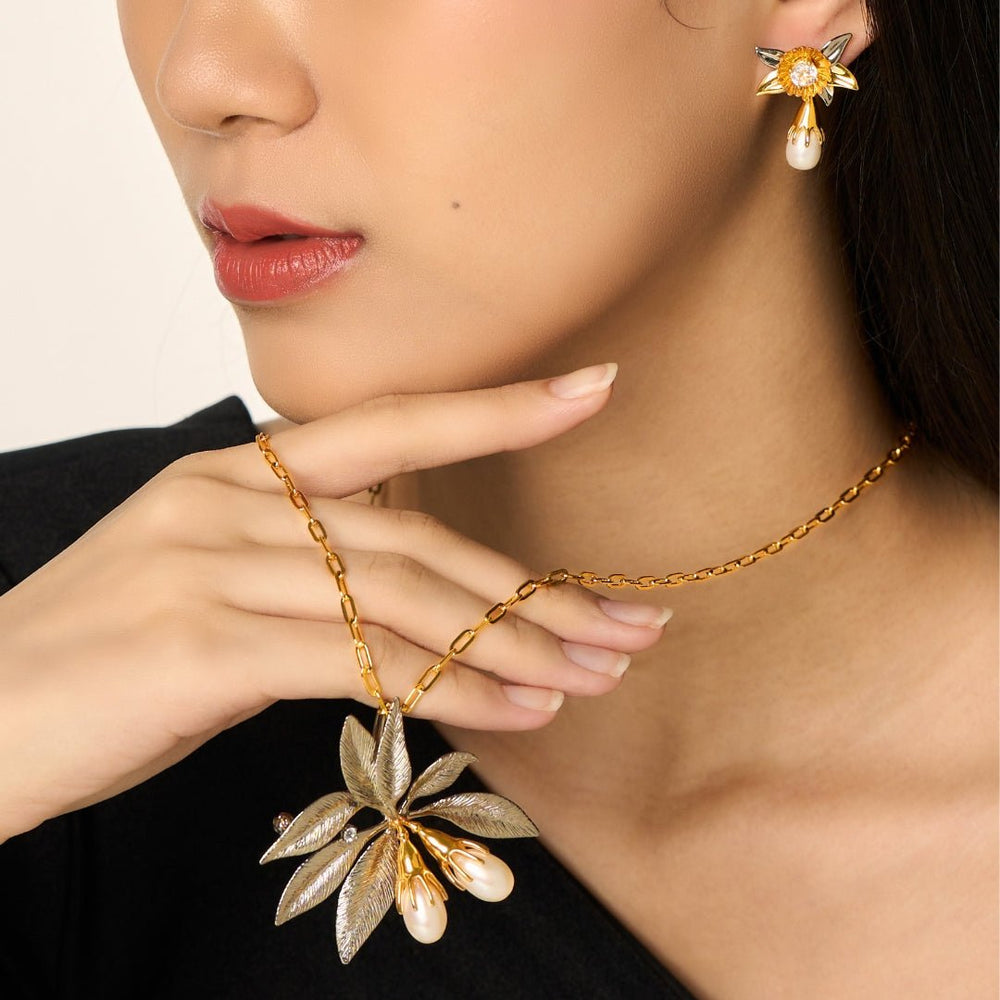 RISIS Enchanted Mangrovia Long Necklace and Earrings, 925 Sterling Silver encapsulated in 24K Swiss Gold and Palladium with Freshwater Pearls and White Topaz