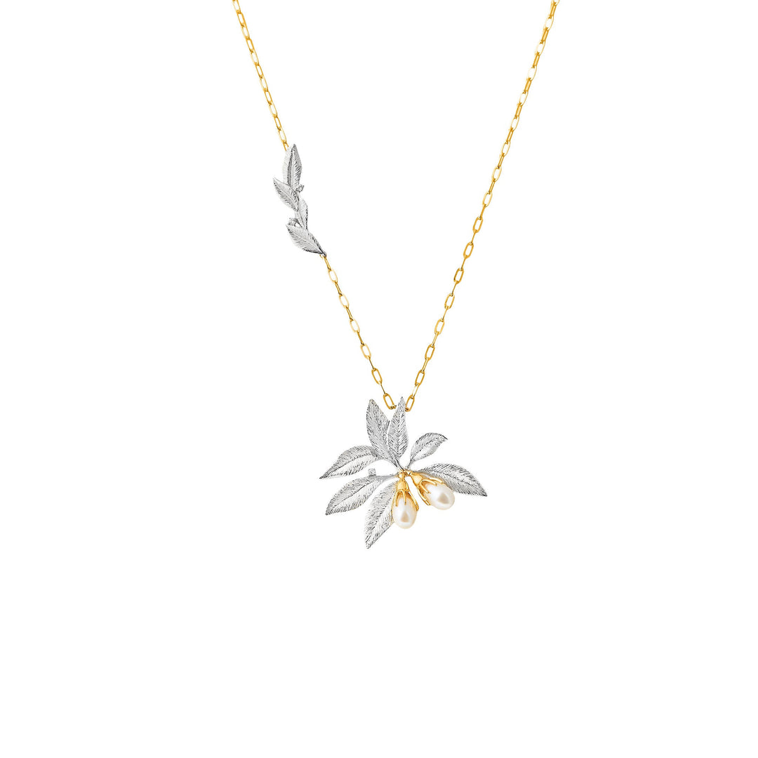 RISIS Enchanted Mangrovia Long Necklace, 925 Sterling Silver encapsulated in 24K Swiss Gold and Palladium with Freshwater Pearls and White Topaz