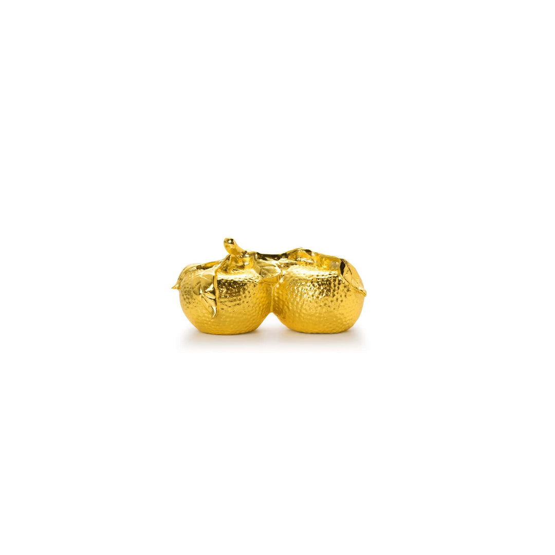 Risis Golden Harvest Tangerines - A pair of golden, textured earrings designed to resemble small, wrinkled fruits, possibly citrus, with intricate detailing and a shiny finish.