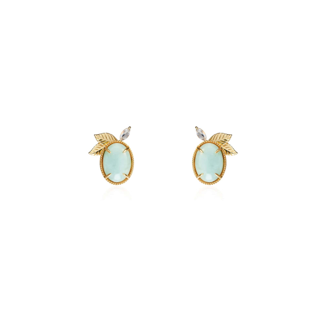 Risis Jadeite Prairie Earrings - A pair of earrings featuring oval aqua stones set in gold, each adorned with a gold leaf and a tiny clear crystal.