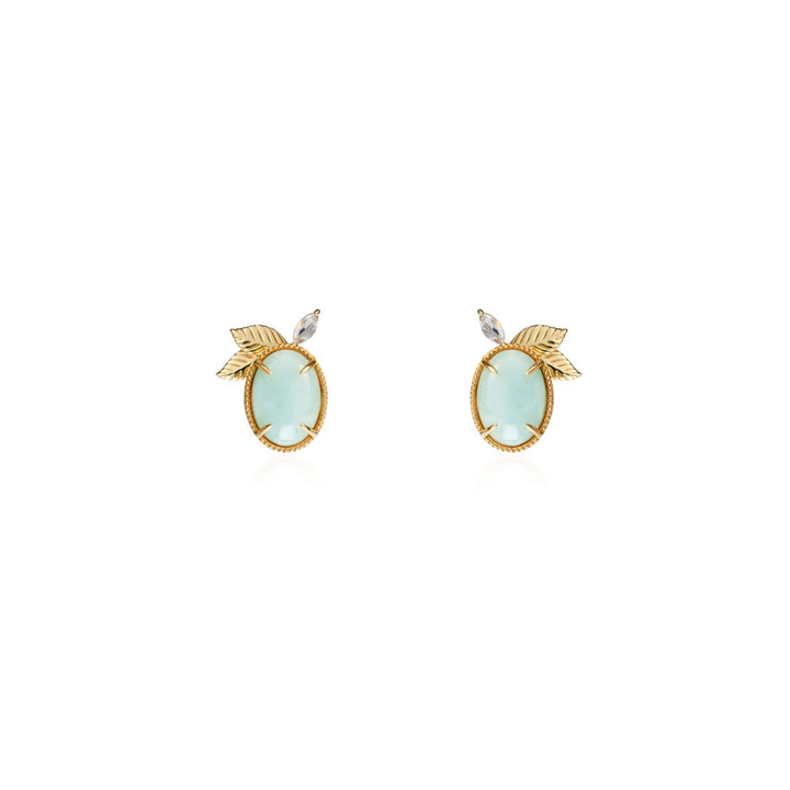 Risis Jadeite Prairie Earrings - A pair of earrings featuring oval aqua stones set in gold, each adorned with a gold leaf and a tiny clear crystal.