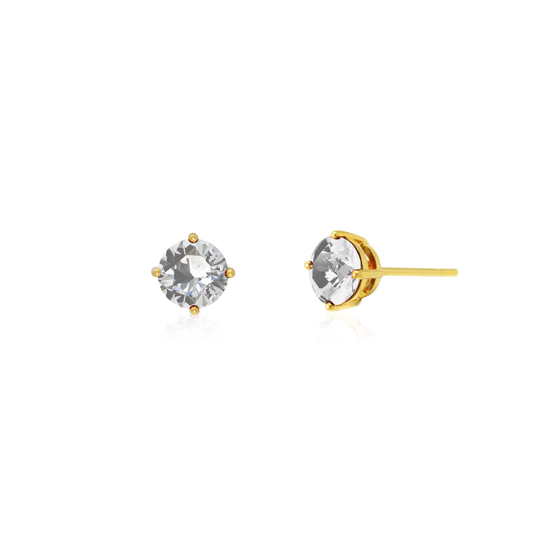 Risis Majestic Vanda Earrings With White Topaz - A pair of round, faceted, clear gemstone earrings with gold settings, presented side-by-side against a white background.