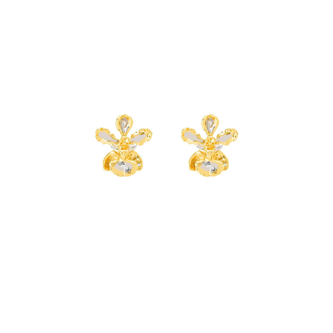 Risis Oncidium Blossom Earrings (G) - A pair of gold earrings is shaped like abstract florals, with polished, reflective surfaces glinting in a warm, yellow hue.