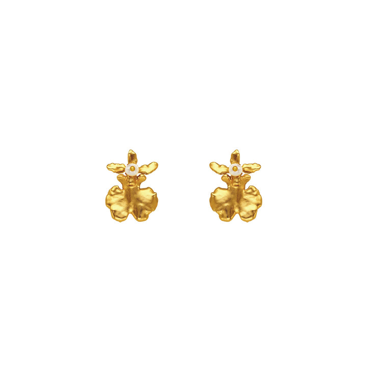 Risis Oncidium Shower Earrings (G) - A pair of gold earrings with an organic, uneven texture and a small white pearl at the center of each, resembling abstract flowers.
