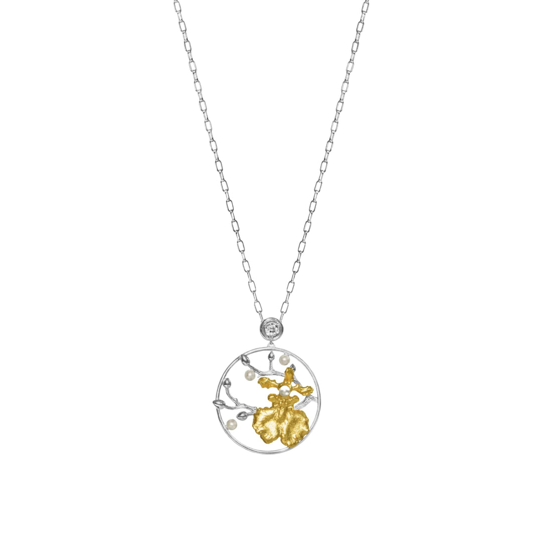Risis Oncidium Shower Necklace - A silver necklace with a circular pendant, featuring a gold accent in a floral design and small diamonds artistically placed within the open circle.