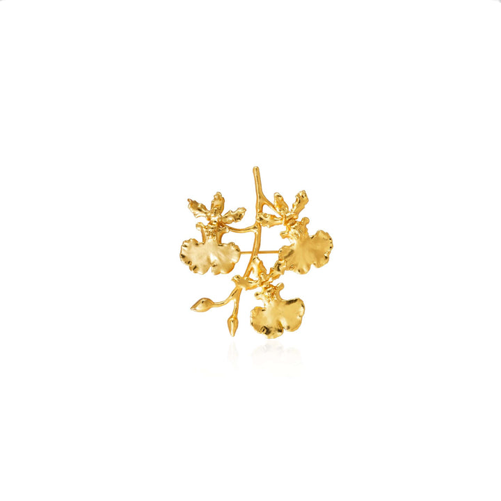 Risis Oncidium Shower Spray Brooch/Pendant (G) - A golden brooch resembling a branch with textured leaves, glistening in a lustrous, polished finish.