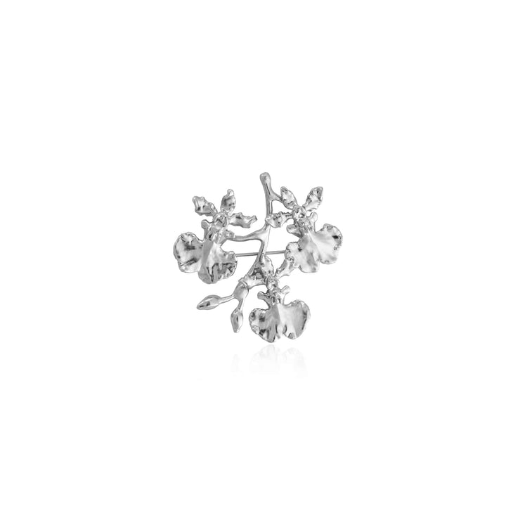 Risis Oncidium Shower Spray Brooch/Pendant (PD) - A silver brooch shaped like a delicate, organic tree branch with intricate leaves and blossoms, exhibiting a glossy and textured appearance.