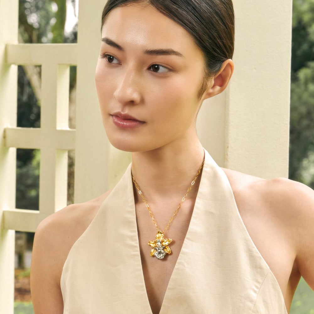RISIS Paperclip Necklace with Petite Natural Oncidium Wildcat Orchid encapsulated in 24K Swiss Gold and Palladium Silver with Freshwater Pearl