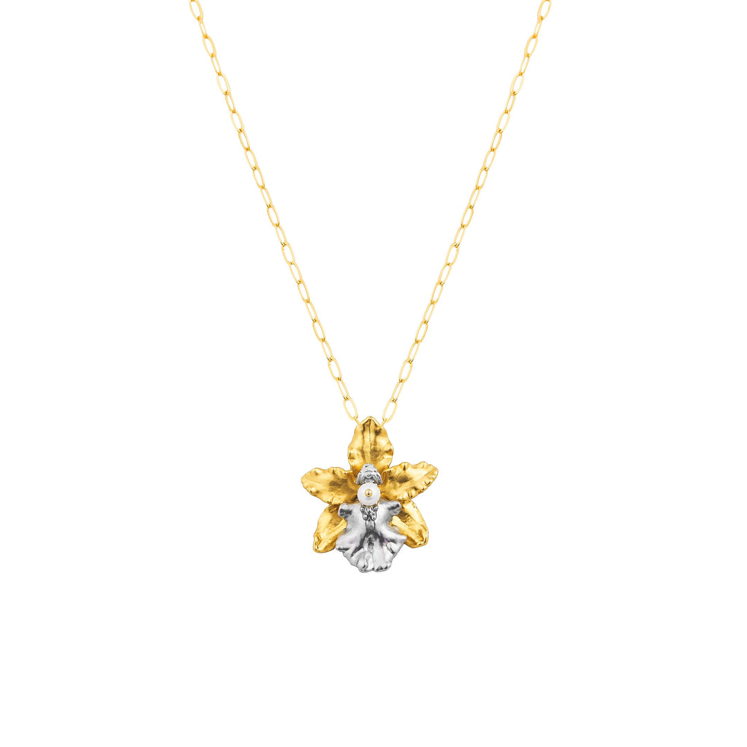 RISIS Paperclip Necklace with Petite Natural Oncidium Wildcat Orchid encapsulated in 24K Swiss Gold and Palladium Silver with Freshwater Pearl