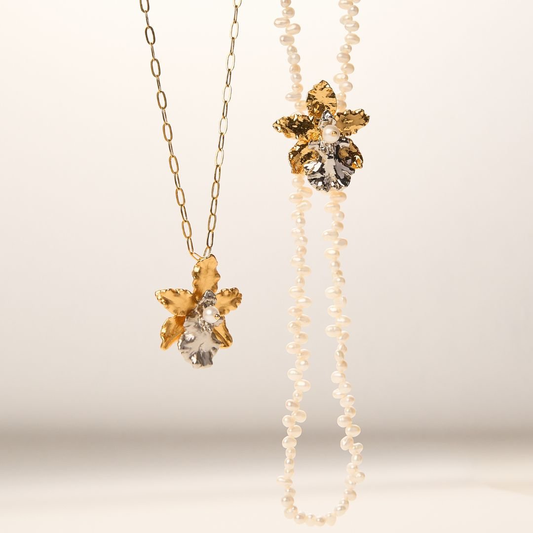 RISIS Pearl Necklace with Petite Natural Oncidium Wildcat Orchid encapsulated in 24K Swiss Gold & Palladium Silver with Freshwater Pearls