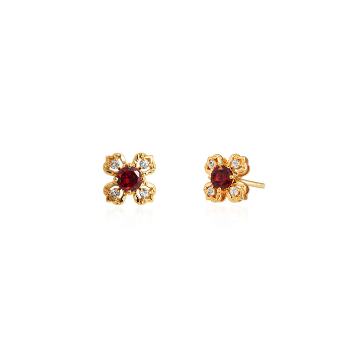 Risis Petite Peranakan Kebaya Earrings With Garnet - A pair of gold-tone flower-shaped earrings, each featuring a central dark red gem surrounded by petal-like clear crystals.