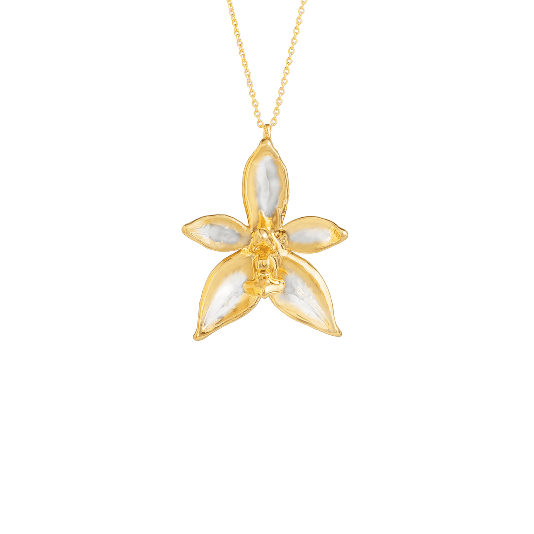 Risis Phalaenopsis Cornu Cervi Orchid Necklace (PG) - A necklace with a gold chain features a pendant shaped like a five-petaled flower, crafted with golden edges and pearlescent white inlays.
