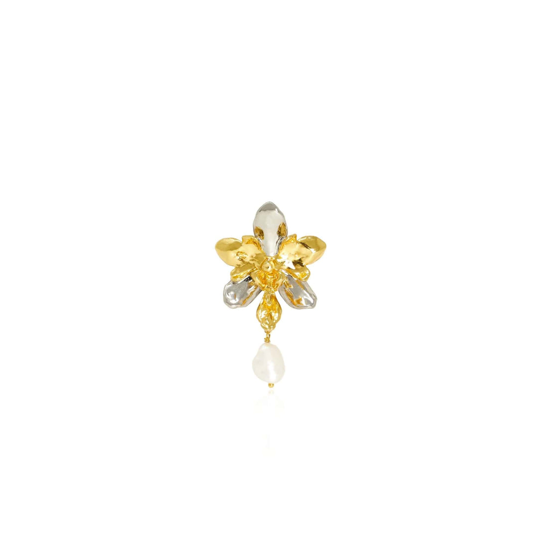 Risis Phalaenopsis Cross Orchid Pearl Brooch - Golden floral jewelry piece with petal-shaped elements; some glossy, some matte. A pearlescent drop dangles below, complemented by smaller translucent accents.