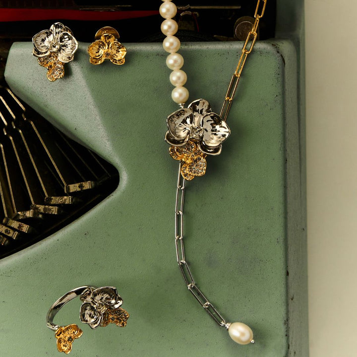 RISIS Phalaenopsis Moments Necklace, Earrings and Ring, 925 Sterling Silver encapsulated in 24K Swiss Gold and Rhodium Silver with Freshwater Pearls and White Topaz