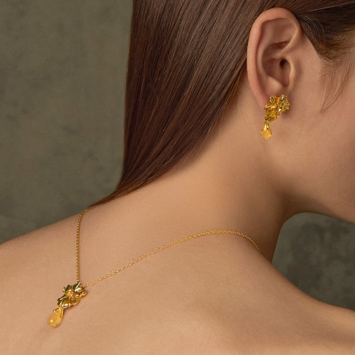 RISIS Resilient Vanda Necklace,  encapsulated in 24K Swiss Gold and Palladium with Citrine Briolette