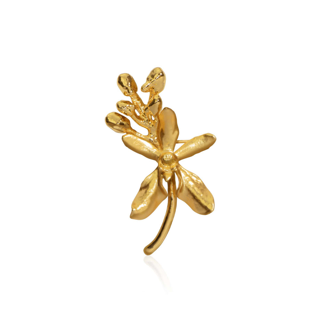 Risis X Singapore Botanic Gardens Renanthera Brooch - A golden brooch shaped like a sprig with leaves and berries, featuring a glossy finish and a central gemstone.