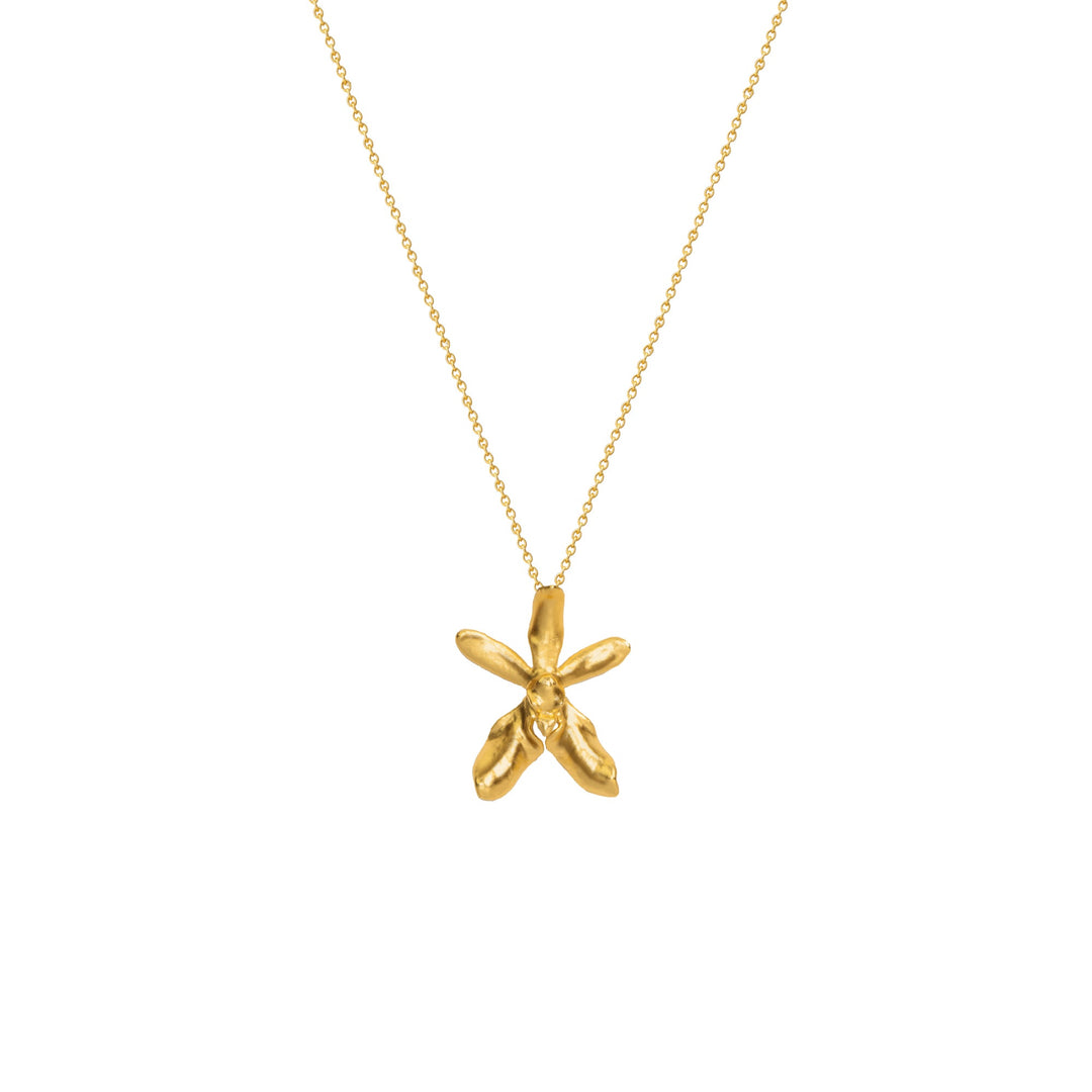 Risis X Singapore Botanic Gardens Renanthera Necklace - A golden necklace with a delicate chain carrying a glossy, golden pendant shaped like an abstract, stylized flower with rounded petals.