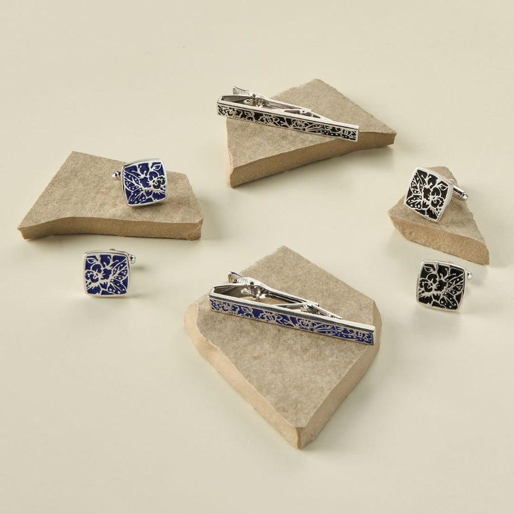 RISIS Vanda Batik Tie Clip & Cufflinks, encapsulated in Rhodium with Blue and Black Enamel