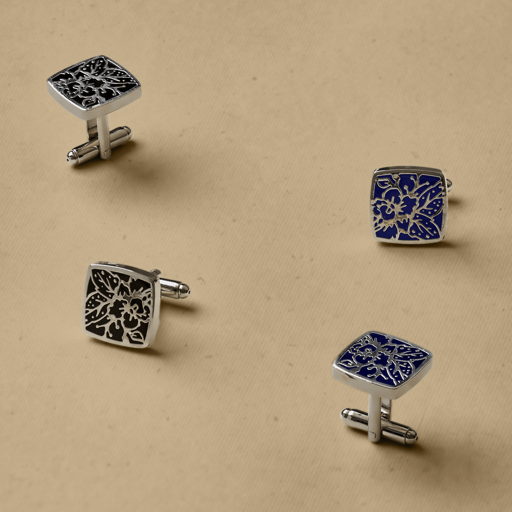 RISIS Vanda Batik with Black & Blue Enamel Cufflinks, brass encapsulated in Rhodium and Black Enamel