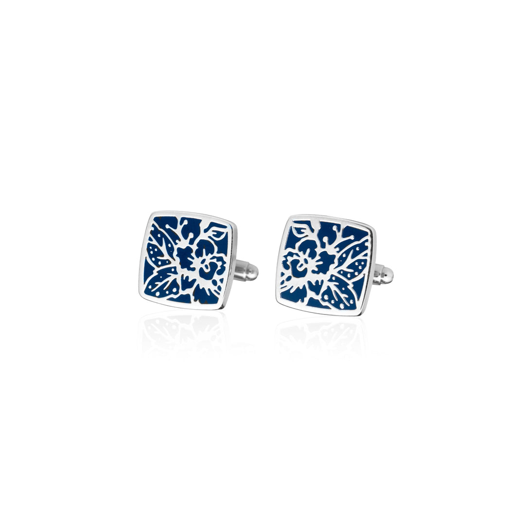 Risis Vanda Batik with Blue Enamel Cufflinks, Brass encapsulated in Rhodium